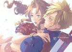 1boy 1girl aerith_gainsborough arms_around_back bangs blonde_hair blue_eyes blue_skirt blush bracelet braid braided_ponytail brown_hair bubble buster_sword cloud_strife couple demi_co dress earrings final_fantasy final_fantasy_vii final_fantasy_vii_remake green_eyes hair_ribbon hand_on_another&#039;s_shoulder highres jacket jewelry lower_teeth materia open_mouth parted_bangs parted_lips pink_dress red_jacket ribbon short_sleeves sidelocks single_earring skirt spiked_hair teeth turtleneck upper_body upper_teeth wavy_hair weapon weapon_on_back white_background 