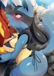  anthro bikini blue_body blue_fur blush breasts cinderace clothing dagasi digital_media_(artwork) fellatio female fur genitals hi_res lucario male male/female nintendo oral penile penis pok&eacute;mon pok&eacute;mon_(species) sex side-tie_bikini swimwear video_games 