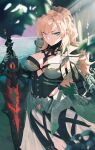  1girl armor armored_dress bangs black_dress blonde_hair blue_eyes braid breasts cheng_(pixiv5550107) cleavage crown_braid dress fate/grand_order fate_(series) faulds gauntlets kriemhild_(fate) large_breasts long_hair long_sleeves looking_at_viewer mole mole_under_eye pauldrons ponytail shoulder_armor skirt smile solo tiara white_skirt 