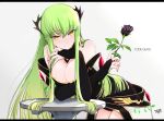  1girl bangs bare_shoulders breasts c.c. cleavage code_geass copyright_name eyebrows_visible_through_hair flower green_hair hair_ornament highres leaning_on_table long_hair looking_at_viewer noppo rose smile solo yellow_eyes 