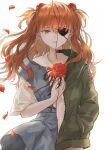  1girl bangs blue_eyes ceru eyebrows_visible_through_hair eyepatch falling_petals flower green_jacket hand_in_pocket highres holding holding_flower interface_headset jacket long_hair long_sleeves navel neon_genesis_evangelion open_clothes open_jacket orange_hair petals red_flower red_rose rose school_uniform short_sleeves simple_background solo souryuu_asuka_langley thorns unzipped white_background 