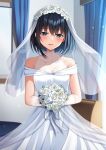  1girl bangs bare_shoulders black_hair blue_eyes blush bouquet breasts bridal_veil cleavage collarbone commentary_request covered_collarbone curtains day dress eyebrows_visible_through_hair flower hair_between_eyes highres holding holding_bouquet indoors komori_kuzuyu looking_at_viewer original parted_lips rivier_(kuzuyu) see-through small_breasts smile solo veil white_dress white_flower window 