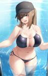  1girl bangs bare_arms baseball_cap bikini black_bikini blue_eyes blush breasts brown_hair cameltoe cleavage cleavage_cutout clothing_cutout collarbone cowboy_shot dima_(girls&#039;_frontline) eyebrows_visible_through_hair girls&#039;_frontline groin halterneck hat head_tilt highres ka941 large_breasts long_hair navel open_mouth outdoors partially_submerged ponytail pool side-tie_bikini sidelocks smile solo standing stomach string_bikini swimsuit thighs water wet 