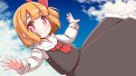 1girl ascot black_vest blonde_hair blue_sky blush cloud day hair_ribbon highres long_sleeves looking_at_viewer neck_bobbles outdoors outstretched_arms red_eyes ribbon roco_(katsuya1011) rumia shirt short_hair skirt sky smile solo touhou vest white_shirt 