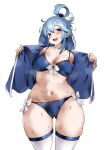  1girl :d absurdres aqua_(konosuba) ass_visible_through_thighs bikini blue_bikini blue_eyes blue_hair blush breasts cameltoe cleavage highres kobo_(cobo_0609) kono_subarashii_sekai_ni_shukufuku_wo! long_hair looking_at_viewer navel ponytail simple_background smile solo sweat swimsuit thighhighs white_background white_legwear 