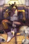  anthro asmotheos balls blue_eyes bodily_fluids bottomless bottomless_male brown_body brown_fur canid canine canis clothed clothing footwear fur genitals half-erect hi_res humanoid_genitalia humanoid_penis male mammal penis sitting_on_ground socks solo sweat tongue tongue_out topwear wet wet_clothing wet_topwear wolf 