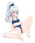  1girl :p absurdres bangs barefoot blue_bra blue_eyes blue_hair blue_panties bra breasts cleavage closed_mouth dota_(series) dota_2 drow_ranger_(dota) full_body highres long_hair looking_at_viewer navel panties ponytail red_eyes smile soles solo toes tongue tongue_out underwear white_background xiao_cai_miao 