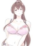  1girl blush bra breasts brown_hair cleavage collarbone hair_intakes hair_petal highres kantai_collection large_breasts looking_at_viewer panties pink_bra pink_eyes pink_panties ponytail simple_background solo underwear upper_body vent_arbre white_background yamato_(kancolle) 