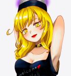 1girl armpits arms_behind_back arms_up bangs bare_shoulders black_choker black_headwear black_shirt blonde_hair blush breasts choker clothes_writing collarbone commentary_request eyebrows_visible_through_hair hair_between_eyes hands_up heart heart_print hecatia_lapislazuli hecatia_lapislazuli_(moon) looking_down medium_breasts medium_hair moon_(ornament) open_mouth polos_crown shirt simple_background sleeveless sleeveless_shirt smile solo t-shirt touhou upper_body utagi_0216 white_background yellow_eyes 