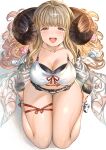  1girl :d aldehyde anila_(granblue_fantasy) blonde_hair breasts brown_eyes brown_horns cleavage collarbone curled_horns draph eyebrows_visible_through_hair from_above granblue_fantasy highres horns large_breasts long_hair looking_at_viewer simple_background sitting smile solo thick_eyebrows thighs wariza white_background 