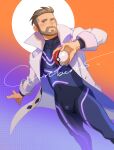  1boy artist_name beard black_bodysuit bodysuit bulge cerberus_arts closed_mouth facial_hair highres holding holding_poke_ball labcoat looking_at_viewer male_focus multicolored_bodysuit multicolored_clothes open_clothes open_labcoat pink_bodysuit poke_ball pokemon pokemon_(game) pokemon_sv purple_bodysuit short_hair solo turo_(pokemon) undercut 