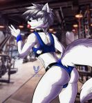  absurd_res anthro big_butt blep blue_eyes butt canid canine canis clothing cutefckngbunny eyewear gesture girly glasses gym gym_clothing hi_res male mammal solo tongue tongue_out v_sign white_wolff wolf 