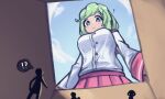  absurdres bad_link box breasts cloud copyright_request day from_below giant giantess green_eyes green_hair highres jacket red_skirt skirt sky speech_bubble white_jacket 