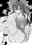  1girl ascot ass bare_shoulders blush boots bow breasts detached_sleeves eyebrows_visible_through_hair foot_out_of_frame frills greyscale hair_between_eyes hair_bow hair_tubes hakurei_reimu highres light_blush long_hair looking_at_viewer monochrome ribbon-trimmed_legwear ribbon-trimmed_sleeves ribbon_trim shimen_soka sitting skirt solo spot_color thighhighs thighs touhou twisted_torso 