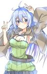  1girl blue_eyes blue_hair blue_skirt blush breasts brown_cape cape cleavage commentary dot_nose duel_monster eria_the_water_charmer eyebrows_visible_through_hair eyes_visible_through_hair green_shirt highres long_hair looking_at_viewer medium_breasts raion_(inoueraion) shirt simple_background skirt solo v white_background yu-gi-oh! 