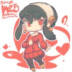  black_hair black_legwear breasts chibi collarbone eyebrows_visible_through_hair hairband highres jr4rt looking_to_the_side medium_breasts orange_footwear pantyhose red_eyes red_hair red_sweater spy_x_family sweater thick_eyebrows white_hairband yor_briar 