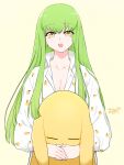  1girl bangs breasts c.c. cheese-kun cleavage code_geass eyebrows_visible_through_hair green_hair highres long_hair looking_at_viewer noppo open_mouth pajamas simple_background solo stuffed_toy teeth yellow_background yellow_eyes 