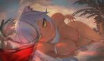  1girl animal_ears armpits bangs between_legs blurry blurry_foreground blush breasts closed_mouth cloud cloudy_sky completely_nude cup dark-skinned_female dark_skin day depth_of_field drinking_glass eyebrows_visible_through_hair grey_hair highres hololive kanchigai large_breasts lion_ears lion_girl lion_tail long_hair looking_at_viewer nipples nude on_bed outdoors shallow_water shishiro_botan sky smile solo tail tail_between_legs thigh_gap water yellow_eyes 