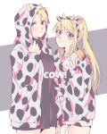  2girls animal_ears animal_print arm_at_side bangs black_dress black_shirt blonde_hair blue_eyes blush bottle breasts brown_eyes chihiroiai closed_mouth cow_ears cow_horns cow_print cowboy_shot dress english_text fake_animal_ears fake_horns frown fullmetal_alchemist hairband hand_up highres holding holding_bottle hood hooded_jacket horns jacket long_hair long_sleeves matching_outfit milk_bottle miniskirt multiple_girls open_clothes open_jacket ponytail print_shirt riza_hawkeye shirt short_dress sidelocks skirt skirt_set smile sweater sweater_dress turtleneck winry_rockbell 