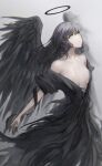  1girl absurdres bangs black_dress black_hair black_nails black_wings blurry blurry_background breasts commentary_request depth_of_field dress feathered_wings fingernails green_eyes grey_background grey_hair hair_between_eyes halo highres kisei2 long_fingernails looking_away medium_breasts off_shoulder original red_nails sharp_fingernails simple_background solo wings 