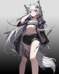  1girl absurdres animal_ears arknights bandeau bangs bare_legs black_jacket black_shorts commentary_request eyebrows_visible_through_hair feet_out_of_frame gradient gradient_background grey_background grey_eyes grin hair_ornament hairclip hand_up highres jacket lappland_(arknights) long_hair long_sleeves looking_at_viewer midriff mo_ying_yu navel open_clothes open_jacket oripathy_lesion_(arknights) scar scar_across_eye short_shorts shorts smile solo standing stomach strapless tail thighs tube_top very_long_hair white_hair wolf_ears wolf_tail 