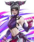  1girl abs absurdres ai_shou bracelet breasts capcom detached_sleeves drill_hair halter_top halterneck han_juri highres jewelry navel purple_eyes sideboob skull smile solo spiked_bracelet spikes street_fighter street_fighter_iv_(series) toned tongue twin_drills 