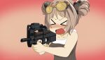  &gt;o&lt; absurdres baguettemeister blush bullpup double_bun eyewear_on_head girls&#039;_frontline gun hair_bun highres light_brown_hair nichijou p90 p90_(girls&#039;_frontline) submachine_gun tank_top weapon 