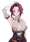  1girl arm_at_side armpits bare_shoulders breasts collar detached_sleeves elbow_gloves genshin_impact gloves hair_pulled_back hand_in_own_hair highres hukii large_breasts looking_at_viewer open_mouth pink_eyes purple_hair rosaria_(genshin_impact) short_hair sidelocks simple_background sweat upper_body white_background 