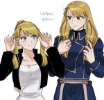  2girls aiguillette amestris_military_uniform bangs black_jacket blonde_hair blue_eyes blue_jacket breasts brown_eyes cleavage collarbone ear_piercing earrings eye_contact eyelashes fullmetal_alchemist hair_lift hands_up height_difference highres holding holding_hair holding_hair_brush jacket jewelry long_sleeves looking_at_another looking_down looking_to_the_side looking_up multiple_earrings multiple_girls open_clothes open_jacket ozaki_(tsukiko3) piercing ponytail riza_hawkeye shirt side-by-side smile stud_earrings turtleneck undershirt upper_body white_shirt winry_rockbell 