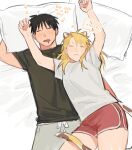 1boy 1girl animal_ears arm_up arms_up arrow_(symbol) bangs bare_arms bed_sheet black_hair black_shirt blonde_hair breasts calico cat_ears cat_girl cat_tail commentary cowboy_shot drooling english_commentary english_text facing_viewer fullmetal_alchemist highres kemonomimi_mode long_hair lying lying_on_person on_back on_bed pillow raicchi_(raicchi96) red_shorts riza_hawkeye roy_mustang shirt short_hair short_sleeves shorts sketch sleeping t-shirt tail white_shirt 