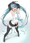  1girl :d absurdly_long_hair aqua_eyes aqua_hair aqua_necktie arm_up armpits black_footwear black_legwear black_skirt black_sleeves boots detached_sleeves full_body hatsune_miku headgear highres holding holding_microphone legs legs_apart long_hair long_legs looking_at_viewer microphone microskirt miniskirt mita_kurumi necktie open_mouth pleated_skirt shiny shiny_clothes shiny_legwear shirt skindentation skirt sleeveless sleeveless_shirt smile solo standing thick_thighs thigh_boots thighs twintails twitter_username very_long_hair vocaloid 