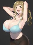  1girl absurdres armpits arms_behind_head bangs blonde_hair blue_bra blush bra breasts brown_legwear bursting_breasts cleavage eyebrows_visible_through_hair fang green_eyes grey_background highres huge_breasts inuyama_aoi lingerie long_hair looking_at_viewer midriff navel open_mouth panties panties_under_pantyhose pantyhose ponytail sideboob sidelocks simple_background skin_fang smile solo steaming_body strap_gap sweat swept_bangs tedain thick_eyebrows underwear upper_body wavy_hair yurucamp 