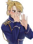  1girl absurdres aiguillette amestris_military_uniform bangs blonde_hair blush covered_mouth covering_mouth ear_blush earrings embarrassed folded_ponytail fullmetal_alchemist hair_between_eyes hand_over_own_mouth hands_up highres jewelry long_sleeves looking_away nose_blush ozaki_(tsukiko3) riza_hawkeye simple_background solo star_(symbol) stud_earrings sweat updo upper_body white_background 