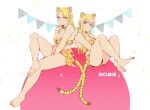  2girls animal_ear_fluff animal_ears bandeau bare_arms bare_legs bare_shoulders barefoot between_legs blonde_hair blue_eyes breasts brown_eyes chihiroiai chinese_zodiac cleavage closed_mouth collar collarbone confetti dated ear_piercing earrings extra_ears fake_animal_ears fang fang_out feet feet_up frown full_body fullmetal_alchemist hand_between_legs highres jewelry knee_up knees_up leaning_back long_hair looking_at_viewer miniskirt multiple_earrings multiple_girls piercing print_shorts riza_hawkeye shorts sitting skirt skirt_set smile soles strapless string_of_flags tail tiger_ears tiger_girl tiger_stripes tiger_tail toes v_arms winry_rockbell year_of_the_tiger yellow_shorts yellow_skirt 