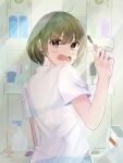  1girl :o absurdres bathroom blush bra_visible_through_clothes cosmetics gong_xu_yamii green_eyes green_hair highres idolmaster idolmaster_shiny_colors light_rays looking_at_viewer looking_back mascara_wand nanakusa_nichika see-through see-through_shirt shirt short_hair short_sleeves solo white_shirt 