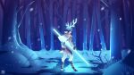  absurd_res animal_humanoid anthro antlers cervid cervid_humanoid faun forest glowing hawthorn_(delta) hi_res hooves horn humanoid male mammal mammal_humanoid night plant remizame solo tree 