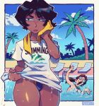  1boy 1girl black_hair brown_eyes brown_lips competition_swimsuit dark-skinned_female dark_skin english_commentary golden_boy hayami_ayuko highres looking_away one-piece_swimsuit ooe_kintarou palm_tree pool shirt short_hair solo_focus speedoru swimming swimsuit t-shirt thick_eyebrows thick_thighs thighs tree wet wet_clothes wet_shirt wringing_clothes 