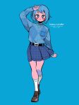  1girl absurdres anna_(aannnaa3) argyle argyle_sweater arm_up belt black_belt blue_background blue_eyes blue_hair blue_skirt blush boku_no_hero_academia breast_pocket brown_footwear character_name commentary copyright_name full_body hadou_nejire highres kneehighs long_sleeves looking_at_viewer pleated_skirt pocket shoes short_hair simple_background skirt solo standing sweater sweater_tucked_in symbol-only_commentary white_legwear 