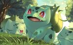  bright_pupils bulbasaur commentary_request day falling_leaves fangs fangs_out grass leaf lying no_humans on_stomach one_eye_closed open_mouth outdoors pokemon pokemon_(creature) red_eyes tesshii_(riza4828) tongue tree water_drop white_pupils 