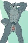  2022 abs anthro armpit_hair balls body_hair canid canine canis eyewear foreskin fur genitals glasses grey_body grey_fur hands_behind_head hi_res invalid_tag male mammal mature_male muscular muscular_male navel nude pecs penis pose pubes smile solo tail tderek99 wolf 