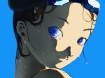  1girl bare_shoulders big_eyes black_hair blue_background blue_eyes brown_hair caustics day eye_focus face goggles goggles_on_head hair_bun highres looking_at_viewer looking_back lucarios messy_hair original portrait sideways_glance simple_background smile solo updo water_drop wet wet_hair 
