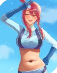  1girl :d absurdres arm_up blue_gloves blue_jacket blue_shorts breasts closed_eyes cloud commentary cropped_jacket day gloves hair_ornament hand_on_hip highres jacket king0banana midriff navel one_side_up open_mouth outdoors pokemon pokemon_(game) pokemon_bw red_hair short_hair_with_long_locks shorts sidelocks sky skyla_(pokemon) smile solo teeth tongue turtleneck upper_teeth v 