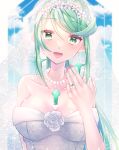  1girl absurdres amanoru_mozuku bangs breasts bride chest_jewel dress green_eyes green_hair highres jewelry large_breasts long_hair pneuma_(xenoblade) ponytail ring solo swept_bangs very_long_hair wedding wedding_dress white_dress xenoblade_chronicles_(series) xenoblade_chronicles_2 