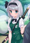  1girl absurdres bangs black_bow black_bowtie black_hairband blue_eyes blush bob_cut bow bowtie breasts clinging closed_mouth commentary_request green_vest hairband highres hitodama hitodama_print katana konpaku_youmu konpaku_youmu_(ghost) looking_at_viewer puffy_short_sleeves puffy_sleeves ramie_(ramie541) sheath shirt short_hair short_sleeves small_breasts solo sword tassel touhou vest weapon white_hair white_shirt 