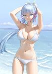  1girl :| absurdres arms_up ass_visible_through_thighs bangs bare_arms beach bikini blue_eyes blunt_bangs breasts closed_mouth cloud collarbone cowboy_shot genshin_impact grey_hair hair_ribbon halterneck hands_on_own_head highres kamisato_ayaka large_breasts long_hair navel ocean pink_ribbon ponytail ribbon rosumerii sidelocks sky solo stomach swimsuit thighs tress_ribbon twitter_username water 