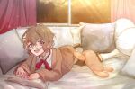  1boy book brown_hair commission ghostcrown glasses looking_at_viewer lying male_focus mutsuashi_lewis on_bed on_stomach pillow purple_eyes reading skeb_commission solo stuffed_animal stuffed_toy untokodokkoikoi virtual_youtuber 