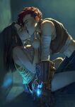  2girls arcane:_league_of_legends arcane_caitlyn arcane_vi bandages blue_hair caitlyn_(league_of_legends) closed_eyes eyebrow_cut finger_gun french_kiss gauntlets highres kiss league_of_legends medium_hair multiple_girls pink_hair short_hair spanosamuel tattoo tongue vi_(league_of_legends) yuri 