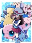  1girl ayo_(ayosanri009) bangs black_wristband blastoise blue_eyes blue_shirt border brown_hair clefable closed_mouth commentary_request ditto granbull green_(pokemon) hat highres holding holding_poke_ball horsea jigglypuff long_hair looking_at_viewer loose_socks nidoqueen pleated_skirt poke_ball poke_ball_(basic) pokemon pokemon_(creature) pokemon_adventures red_skirt shadow shirt shoes sidelocks skirt sleeveless sleeveless_shirt standing standing_on_one_leg umbrella white_border white_headwear wigglytuff wristband 