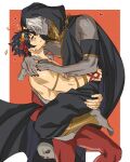  2boys barefoot black_hair black_nails carrying carrying_person closed_eyes dark-skinned_male dark_skin gorget greek_clothes hades_(game) heart highres hood hood_up laurel_crown male_focus multiple_boys neko_(umkbtya) orange_background smile thanatos_(hades) white_hair yaoi yellow_eyes zagreus_(hades) 