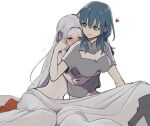  2girls bed_sheet blue_eyes blue_hair blush breasts bustier byleth_(fire_emblem) byleth_(fire_emblem)_(female) cleavage cleavage_cutout clothing_cutout edelgard_von_hresvelg fire_emblem fire_emblem:_three_houses full-face_blush hair_ribbon large_breasts long_hair medium_hair multiple_girls naked_sheet navel nieto_tokage nude ribbon short_sleeves white_hair yuri 